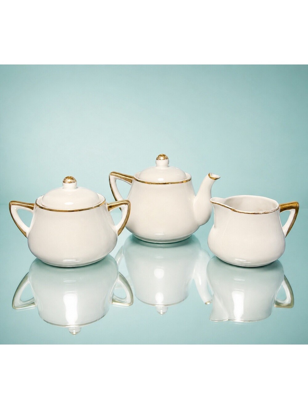 Meito China 1950s Mini Teapot Sugar Creamer Set White Gold Rim Hand Painted